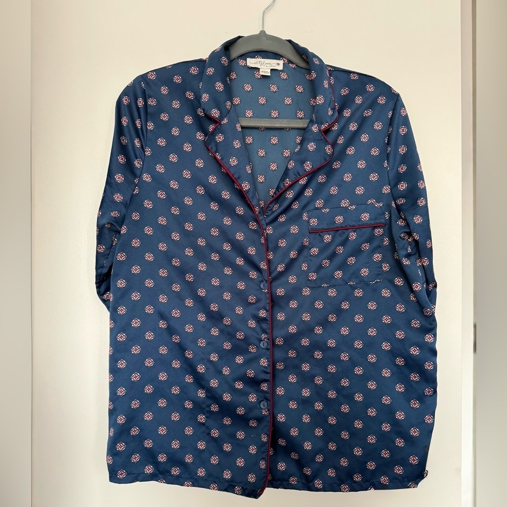 Luxury feel navy blue satin button up pajama top intimates small petite